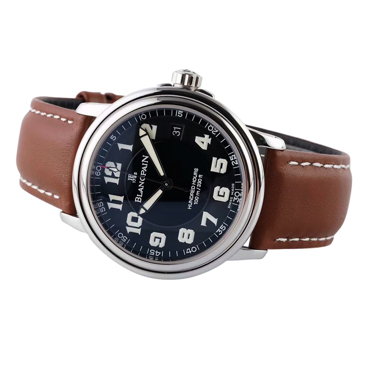 Hundred Hours Black Dial in Steel on Brown Leather Strap