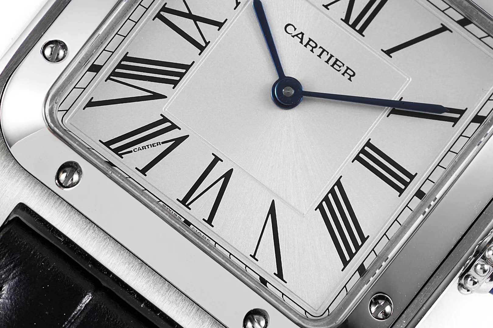 Santos-Dumont White Dial in Steel on Black Leather Strap