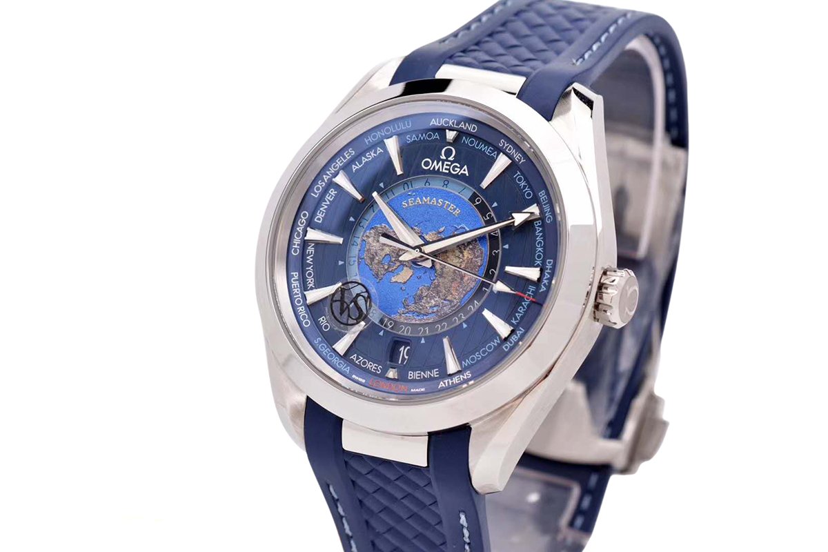 Seamaster Aqua Terra Worldtimer Master Chrononometer Blue Dial on Blue Rubber Strap