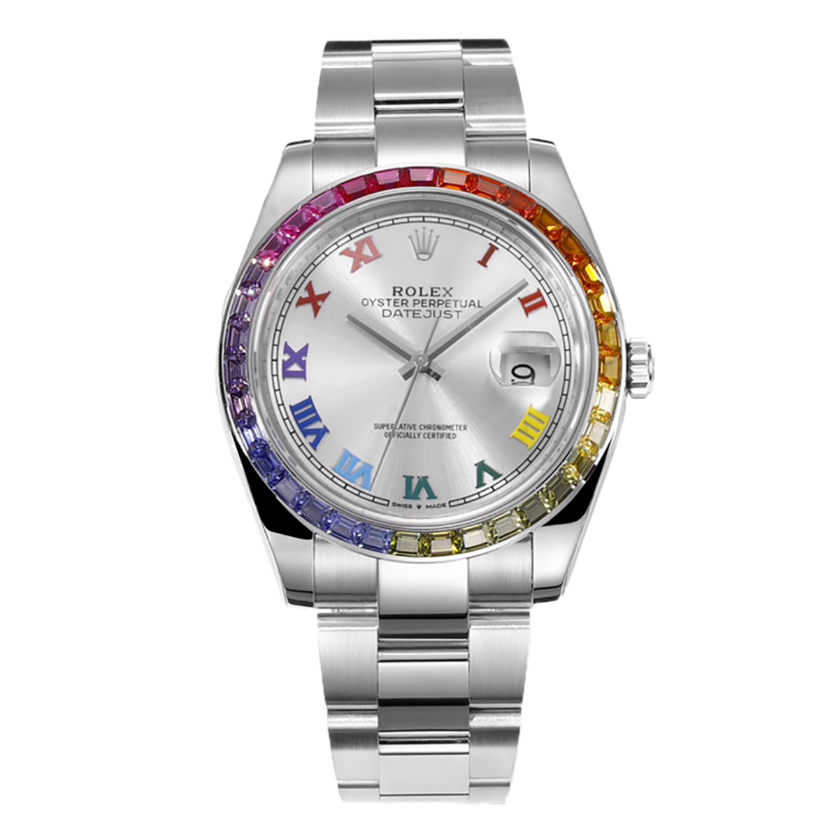 Datejust 41 Silver Dial Roman Markers with Rainbow D1am0nd Bezel in Steel on Oyster Bracelet