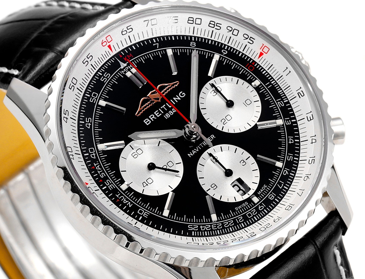 Navitimer B01 Chronograph 43 Black Dial in Steel on Leather Strap Ref. AB0138211B1P1